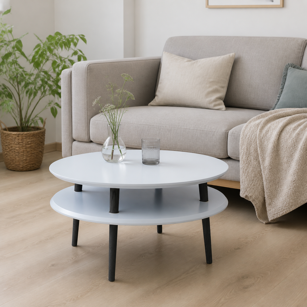 UFO Sofabord diameter 70cm x Højde 35cm - Lysegrå/Sorte Ben – hele produktet lukket i hjemmet