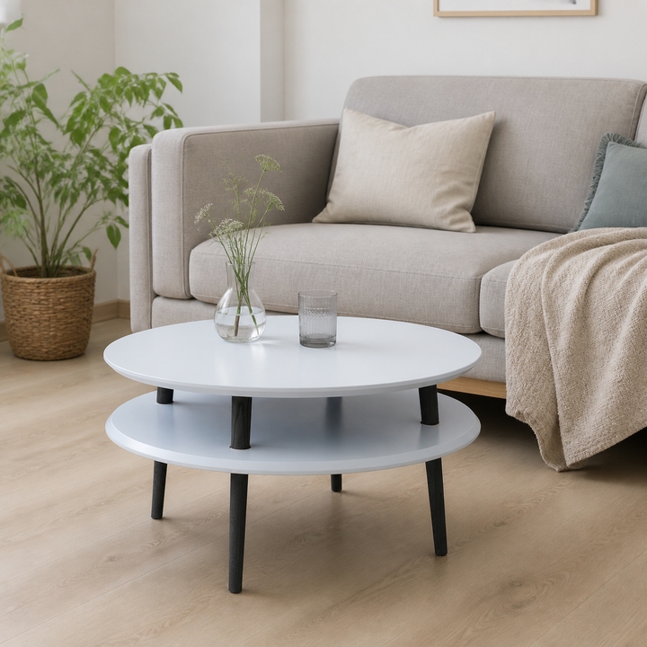 UFO Sofabord diameter 70cm x Højde 35cm - Lysegrå/Sorte Ben – hele produktet lukket i hjemmet