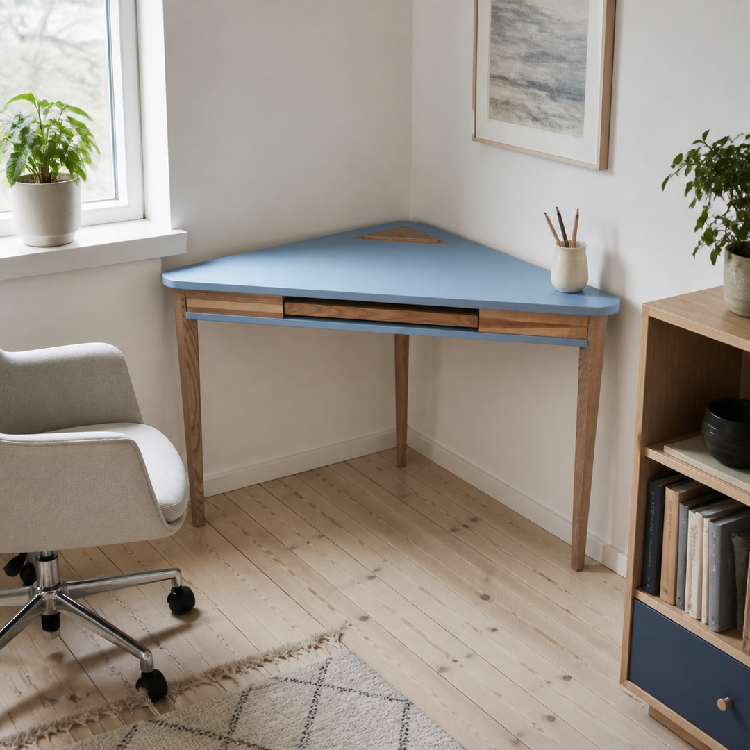 ASHME Hjørneskrivebord 114x85x85cm - Gentle Blue – hele produktet lukket i hjemmet