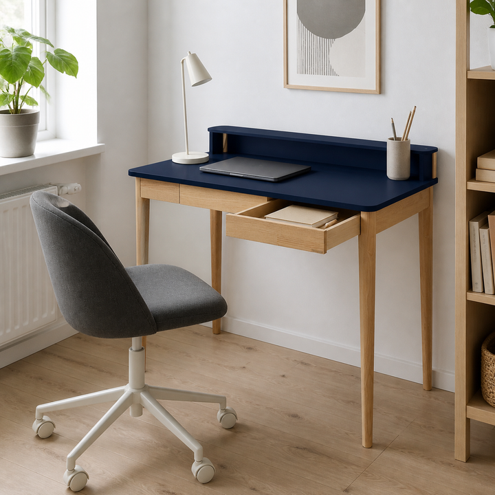 ASHME Skrivebord B 110 x D 56 x H 75 cm - Asketræ/Marineblå – vigtigste funktion