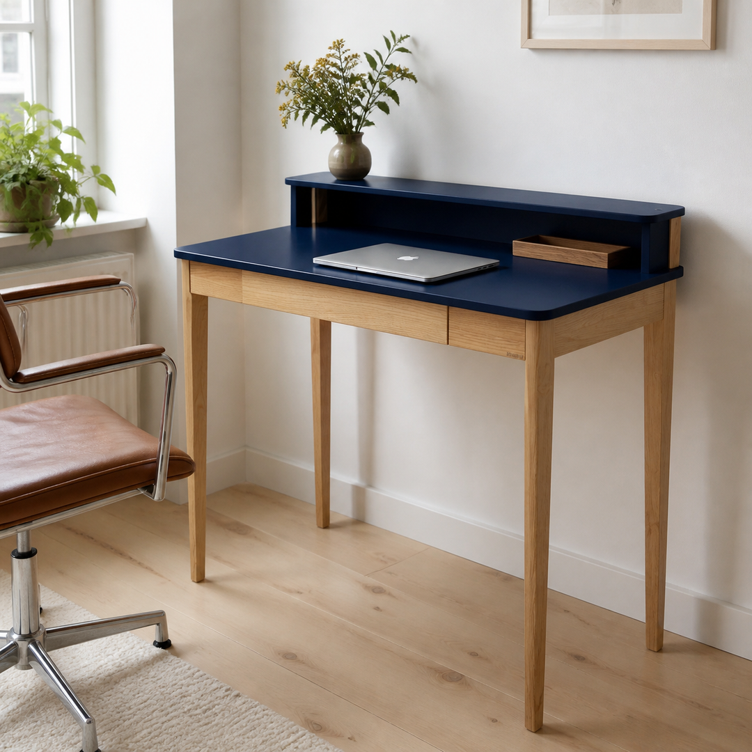 ASHME Skrivebord B 110 x D 56 x H 75 cm - Asketræ/Marineblå – materiale- eller konstruktionsdetalje