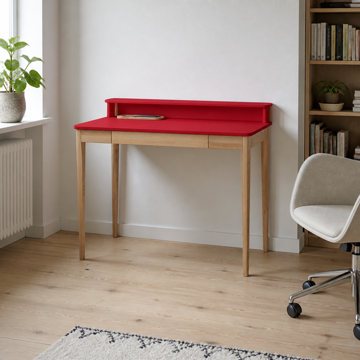 ASHME Skrivebord B 110 x D 56 x H 75cm - Asketræ/Rød – hele produktet lukket i hjemmet