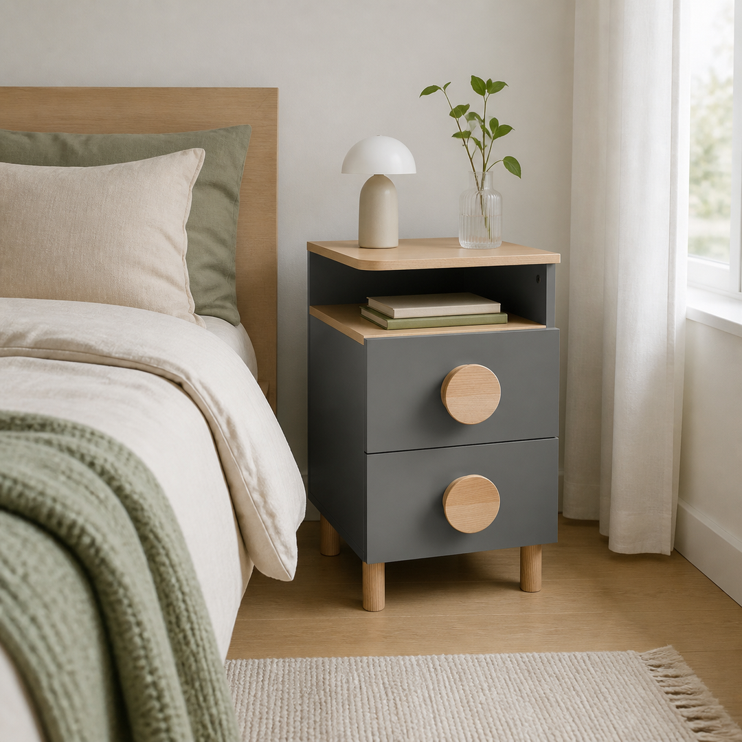 DABI sengebord 41x50cm højrestillet Concrete Grey – hele produktet lukket i hjemmet