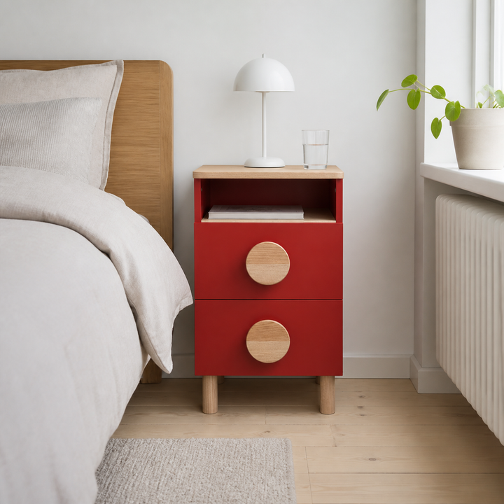 DABI sengebord 41x50cm højrestillet Pure Red – supplerende neutral dagslysscene