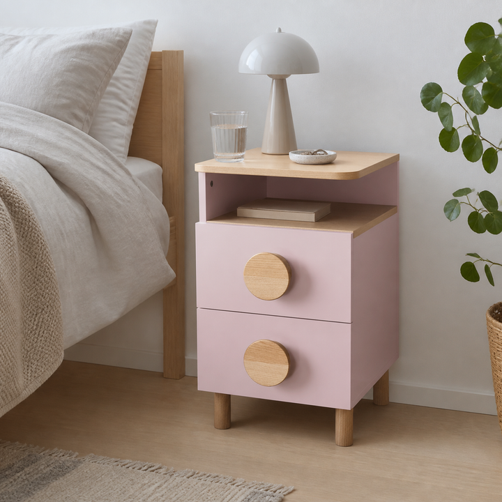DABI sengebord 41x50cm venstrestillet Powder Pink – hero i naturlig brug