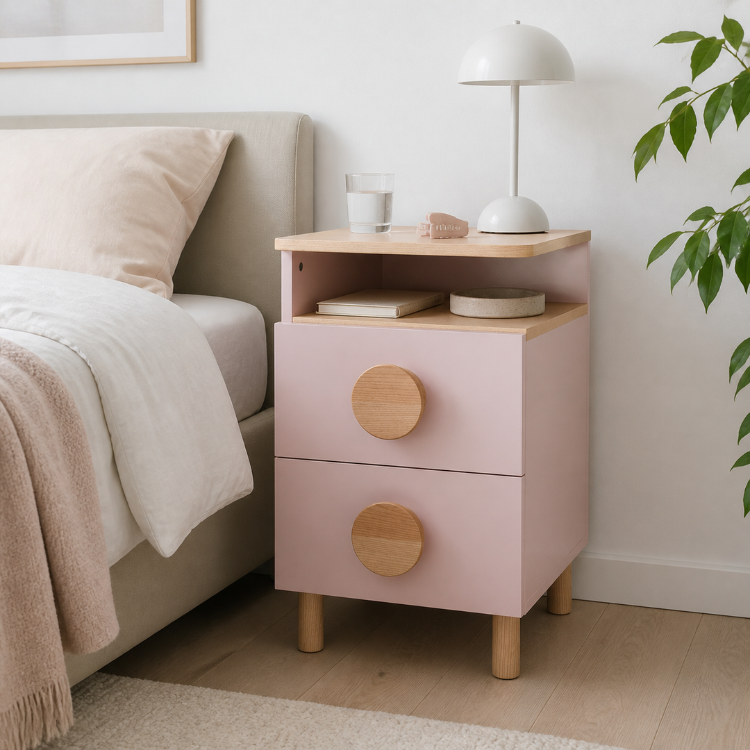 DABI sengebord 41x50cm venstrestillet Powder Pink – hele produktet samlet og ryddeligt