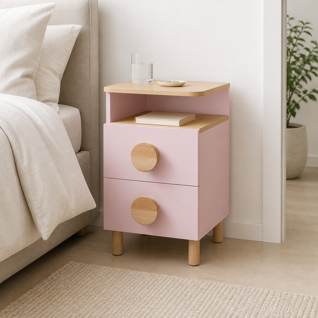 DABI sengebord 41x50cm venstrestillet Powder Pink – supplerende neutral dagslysscene