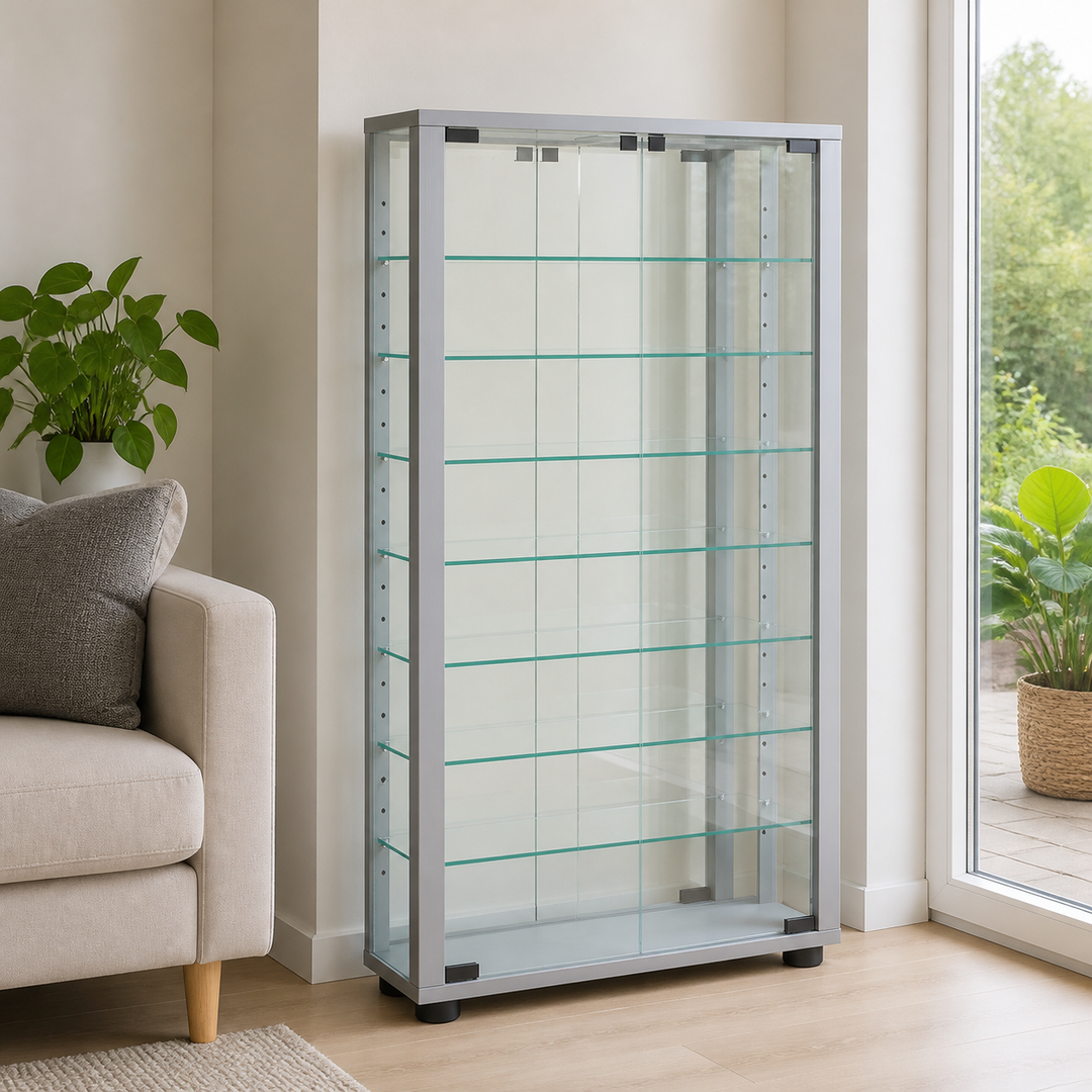 Gulv Vitrineskab "Lumo Mini" Med Spejl | Inkl. Led Lys, 91x59x18 cm, farve: sølv – hele produktet samlet og ryddeligt