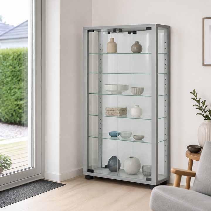 Gulv Vitrineskab "Lumo Mini" Med Spejl | Inkl. Led Lys, 91x59x18 cm, farve: sølv – anden naturlig anvendelse eller vinkel