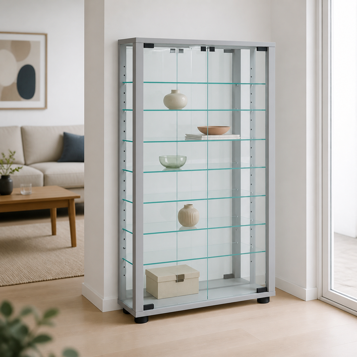 Gulv Vitrineskab "Lumo Mini" Med Spejl | Inkl. Led Lys, 91x59x18 cm, farve: sølv – supplerende neutral dagslysscene