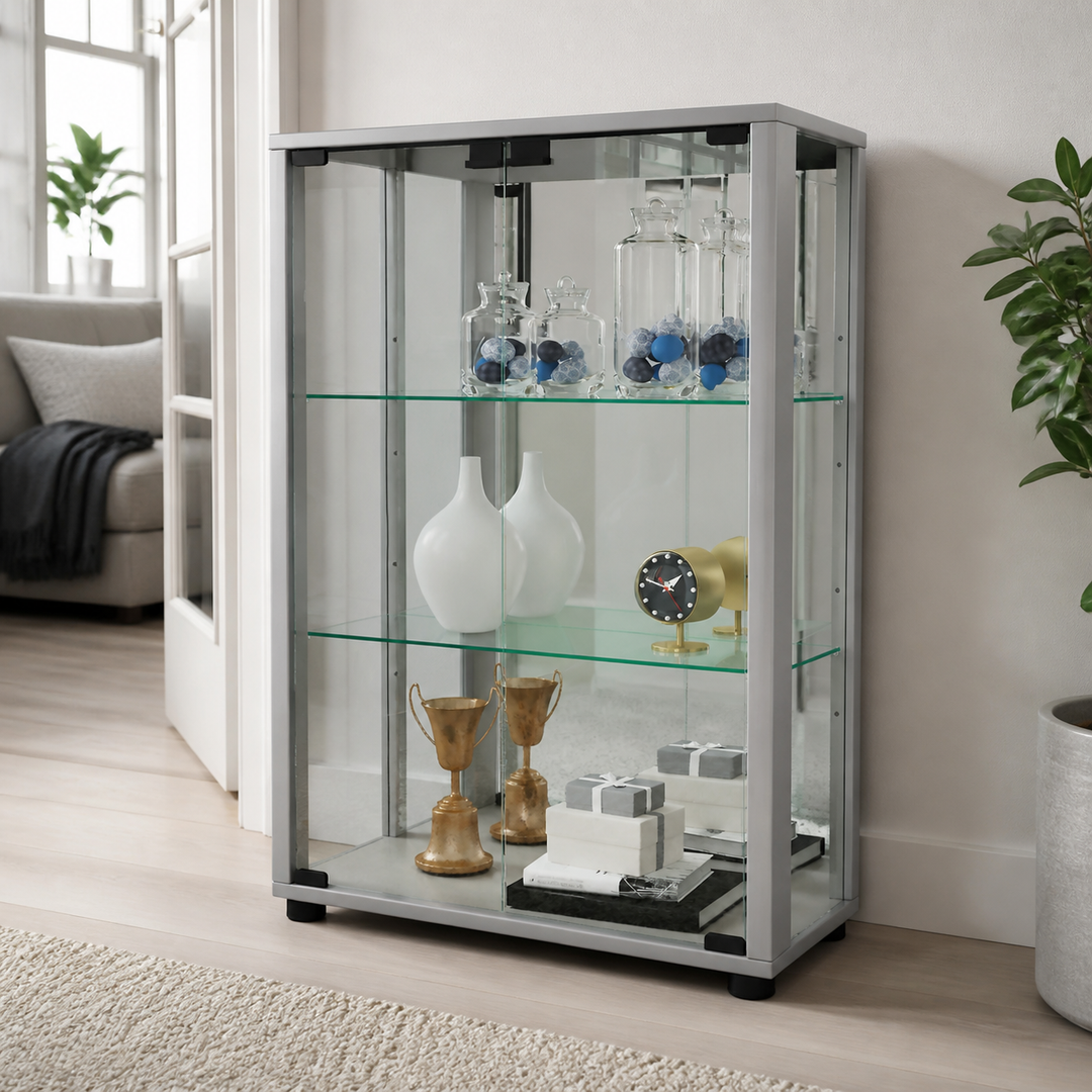 Gulv Vitrineskab "Sintalo" Med Spejl | Inkl. Led Lys, 80 x 60 x 25 cm, sølv – materiale- eller konstruktionsdetalje