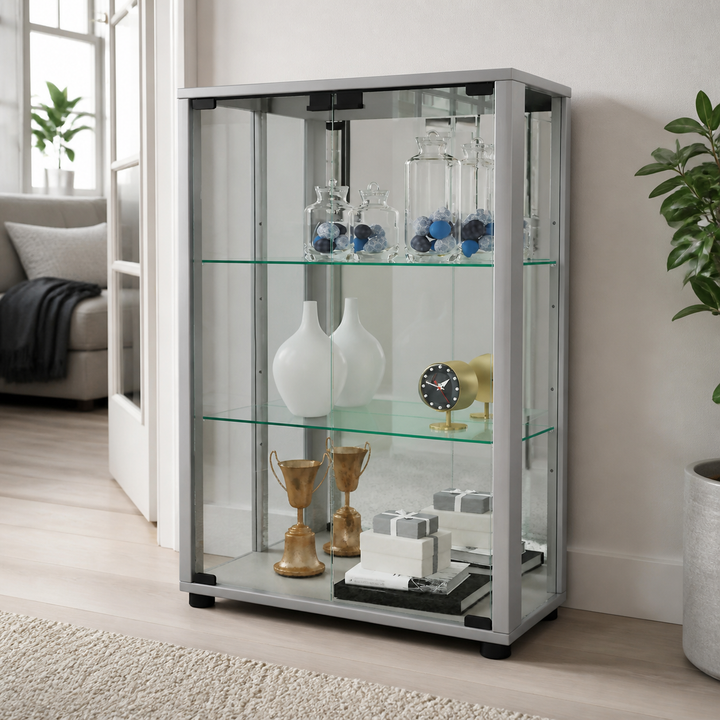 Gulv Vitrineskab "Sintalo" Med Spejl | Inkl. Led Lys, 80 x 60 x 25 cm, sølv – materiale- eller konstruktionsdetalje
