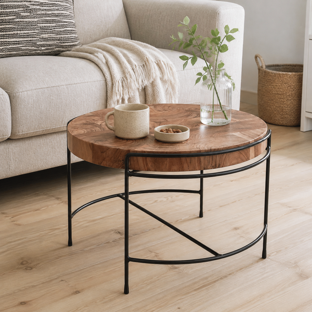 Indbydende sofabord i massivt akacietræ med metalben, 62x40x62 cm – materiale- eller konstruktionsdetalje
