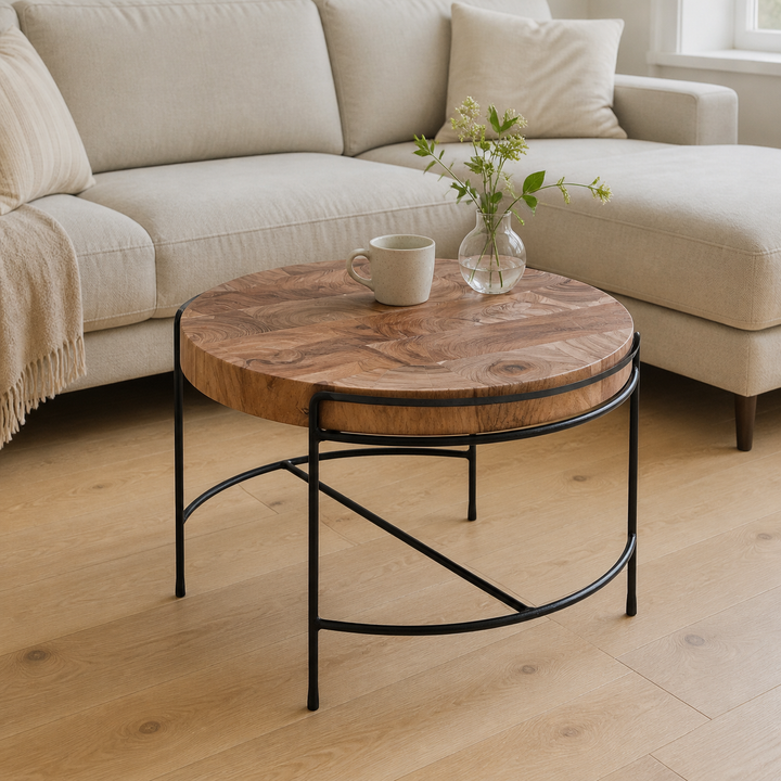 Indbydende sofabord i massivt akacietræ med metalben, 62x40x62 cm – anden naturlig anvendelse eller vinkel