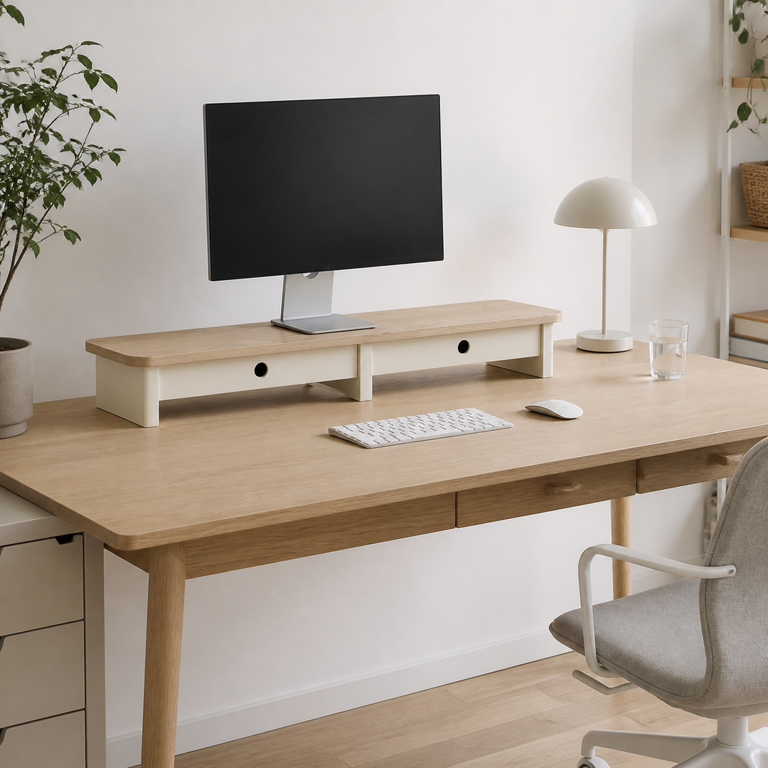 JUBI 109cm monitorskærmstativ med skuffer Ash Chalk White – hero i naturlig brug