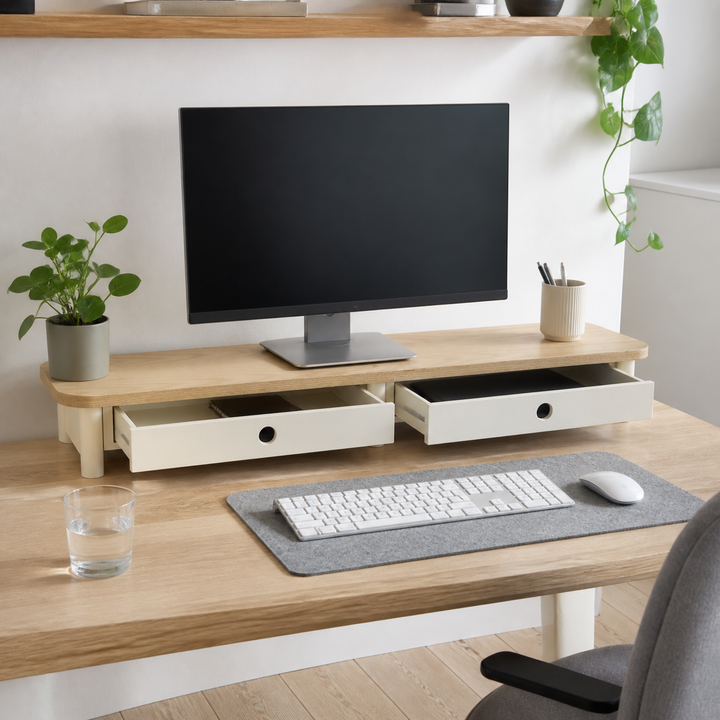 JUBI 109cm monitorskærmstativ med skuffer Ash Chalk White – vigtigste funktion