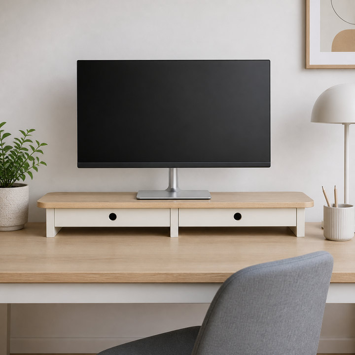JUBI 109cm monitorskærmstativ med skuffer Ash Chalk White – hele produktet samlet og ryddeligt