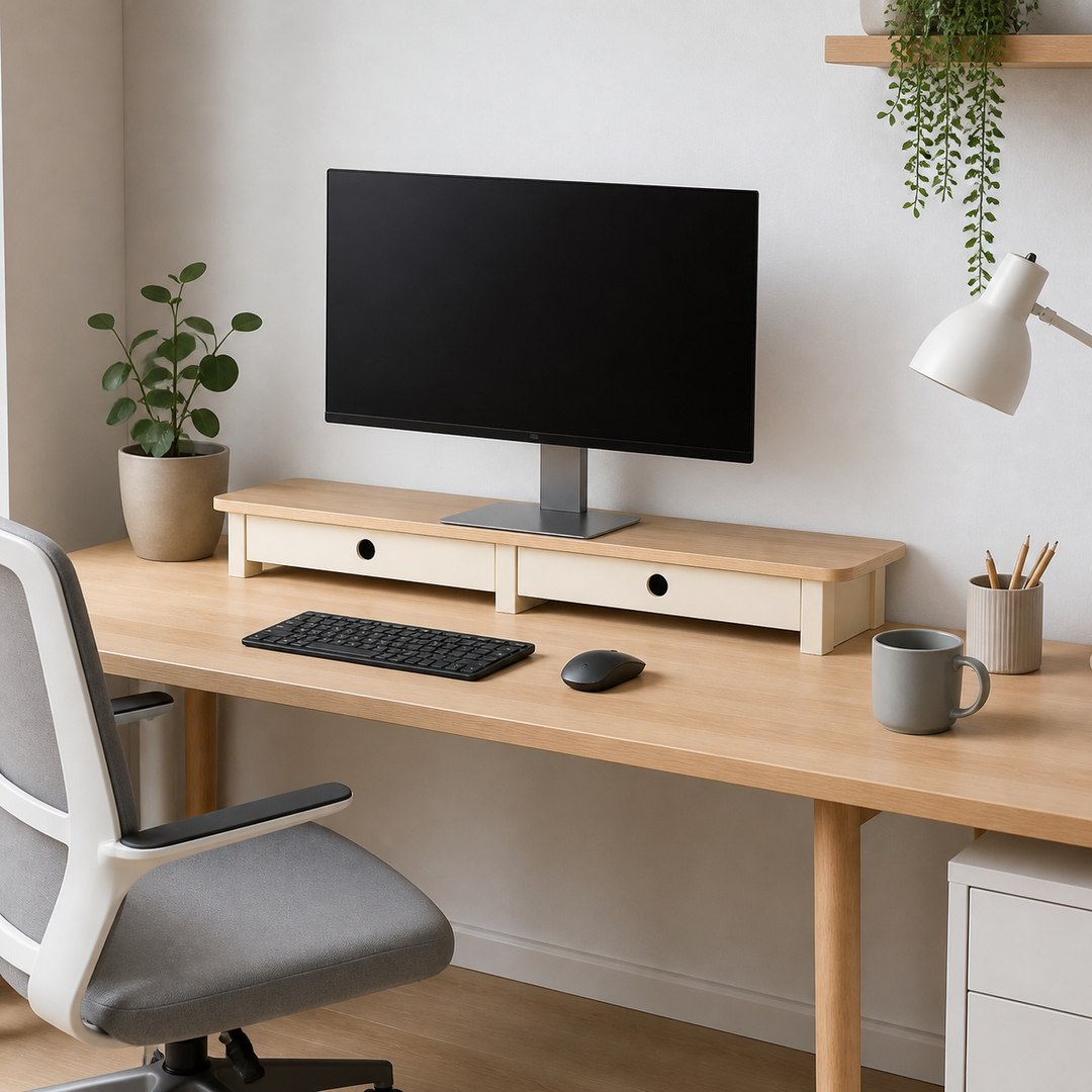 JUBI 109cm monitorskærmstativ med skuffer Ash Chalk White – anden naturlig anvendelse eller vinkel