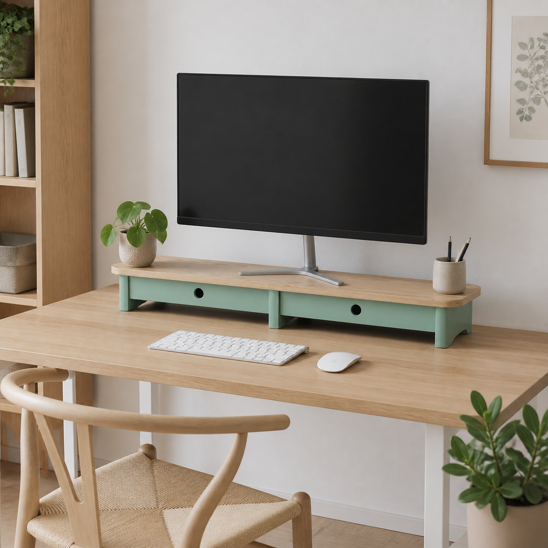 JUBI 109cm monitorskærmstativ med skuffer Ash Sage Green – hero i naturlig brug