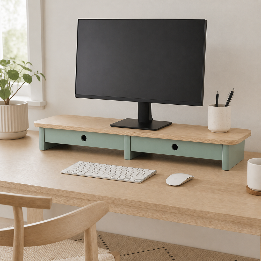 JUBI 109cm monitorskærmstativ med skuffer Ash Sage Green – hele produktet samlet og ryddeligt