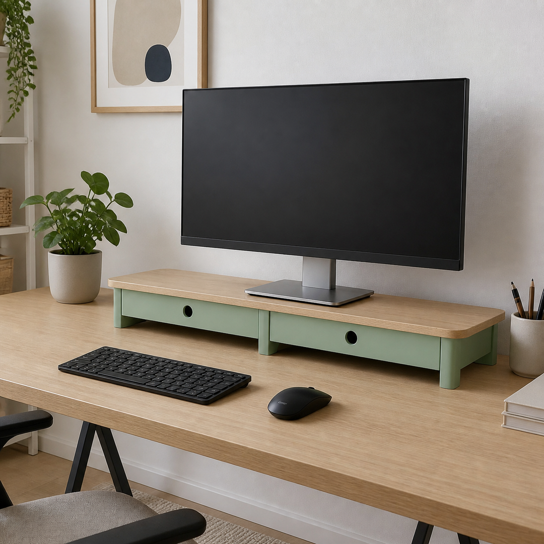 JUBI 109cm monitorskærmstativ med skuffer Ash Sage Green – materiale- eller konstruktionsdetalje