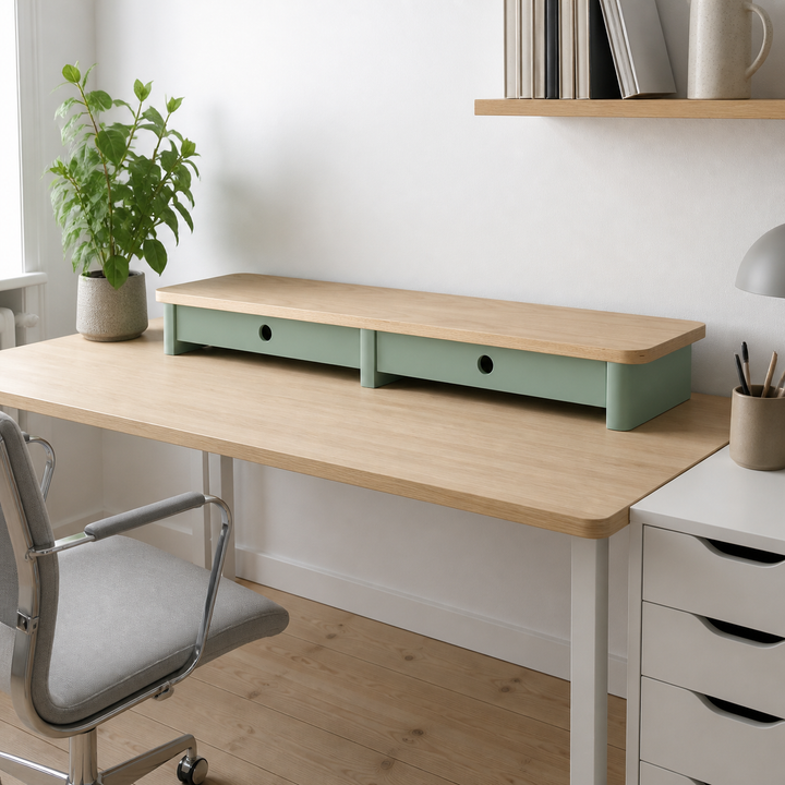 JUBI 109cm monitorskærmstativ med skuffer Ash Sage Green – anden naturlig anvendelse eller vinkel