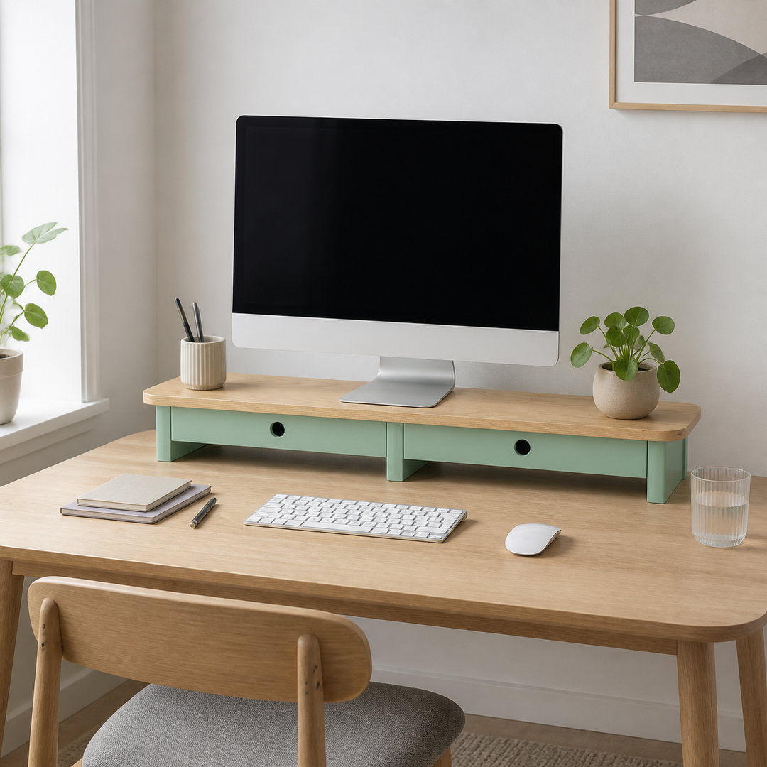 JUBI 109cm monitorskærmstativ med skuffer Ash Sage Green – supplerende neutral dagslysscene