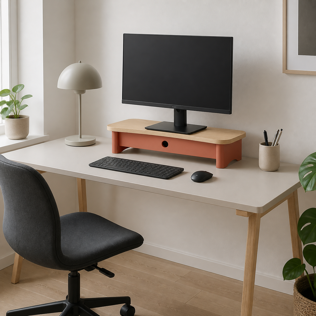 JUBI 60cm monitorskærmstativ med skuffe Ash Antique Pink – hero i naturlig brug