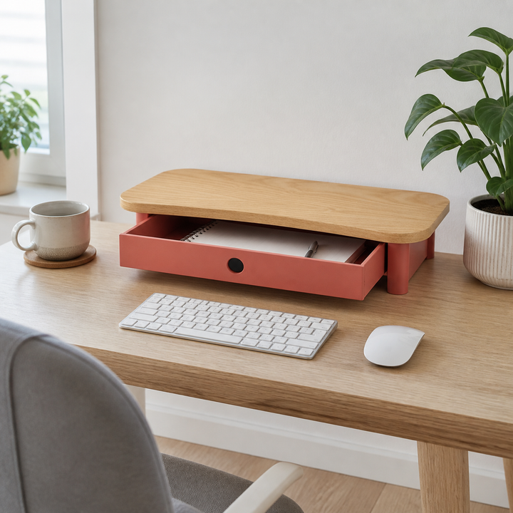 JUBI 60cm monitorskærmstativ med skuffe Ash Antique Pink – vigtigste funktion