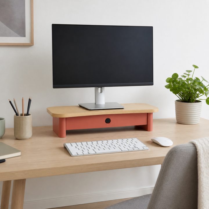 JUBI 60cm monitorskærmstativ med skuffe Ash Antique Pink – hele produktet samlet og ryddeligt