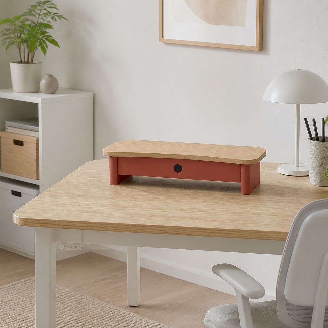 JUBI 60cm monitorskærmstativ med skuffe Ash Antique Pink – anden naturlig anvendelse eller vinkel