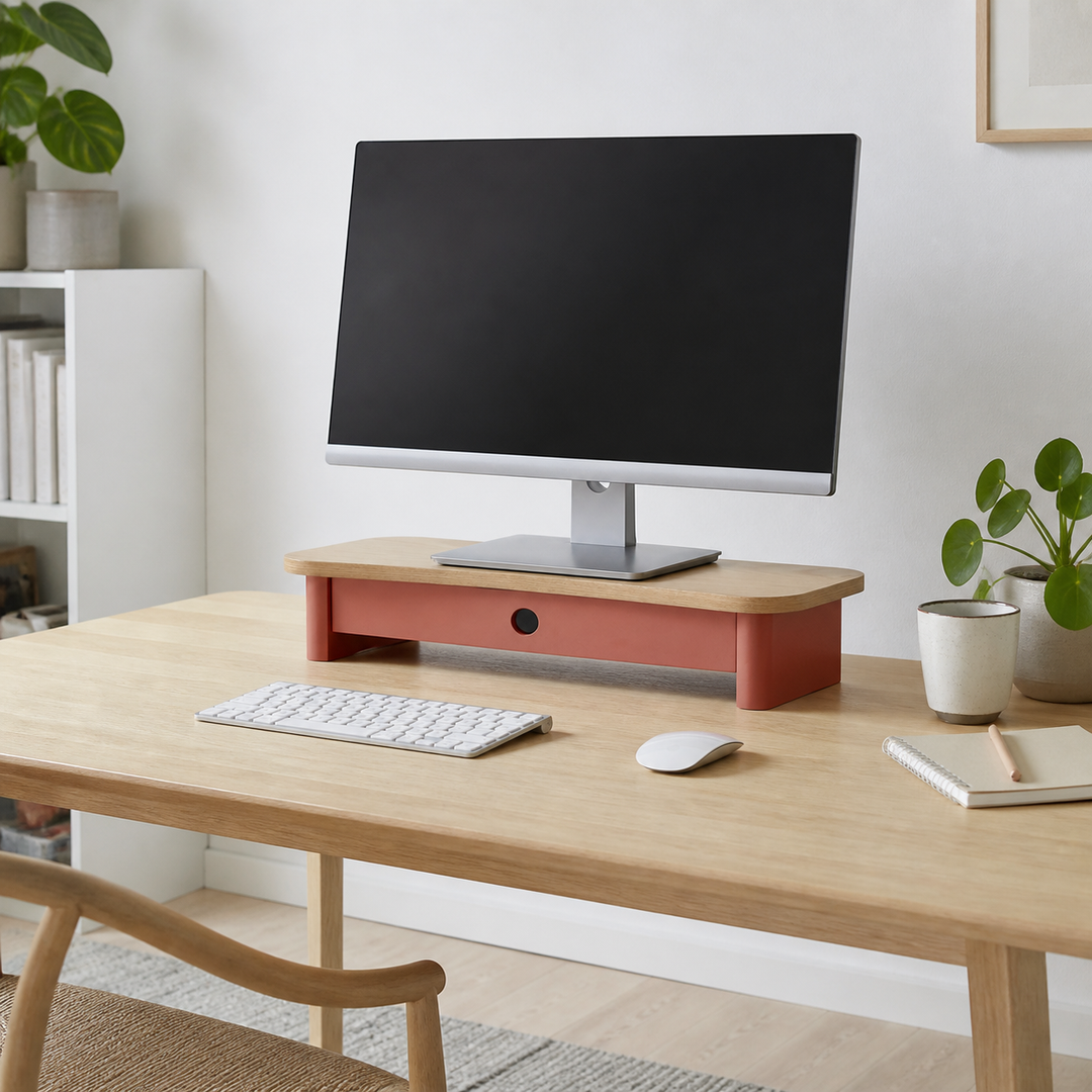 JUBI 60cm monitorskærmstativ med skuffe Ash Antique Pink – supplerende neutral dagslysscene