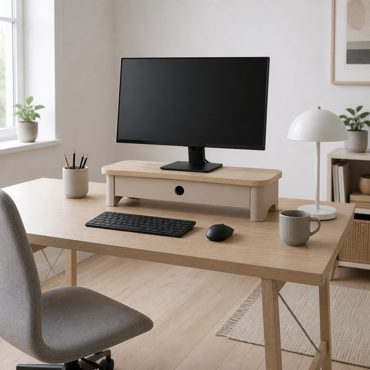 JUBI 60cm monitorskærmstativ med skuffe Ash Brown Beige – hero i naturlig brug