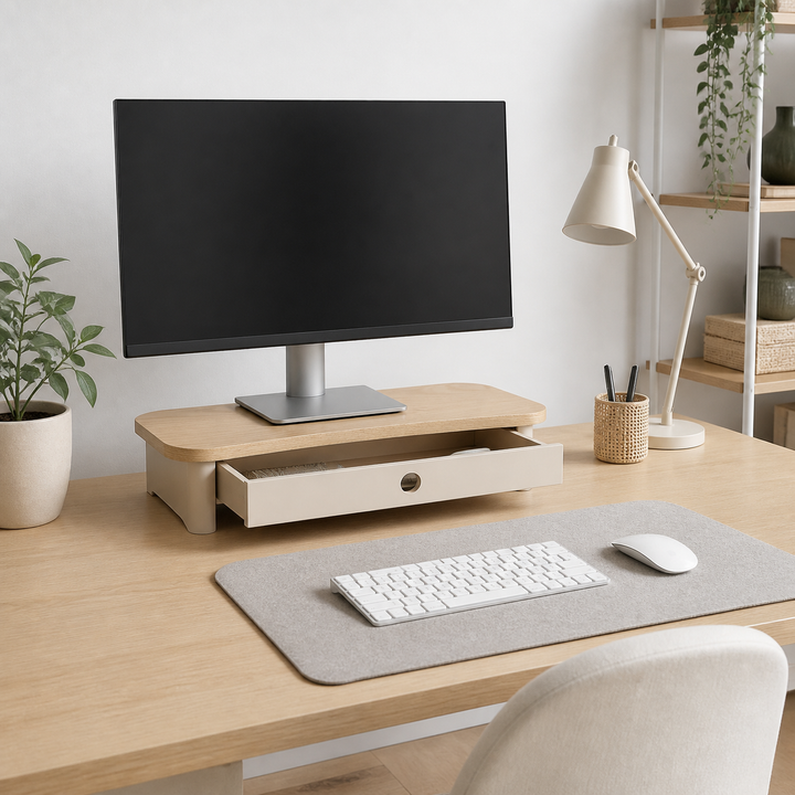 JUBI 60cm monitorskærmstativ med skuffe Ash Brown Beige – vigtigste funktion