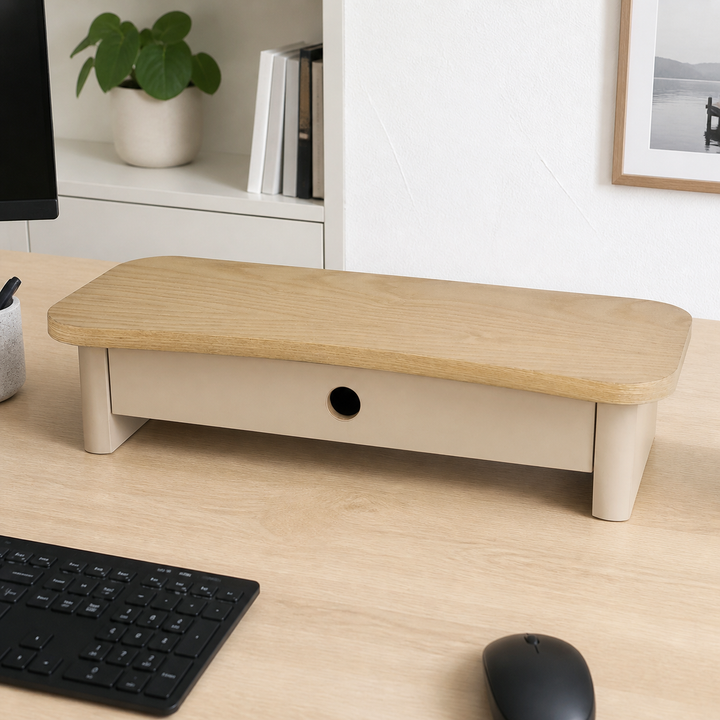 JUBI 60cm monitorskærmstativ med skuffe Ash Brown Beige – hele produktet samlet og ryddeligt