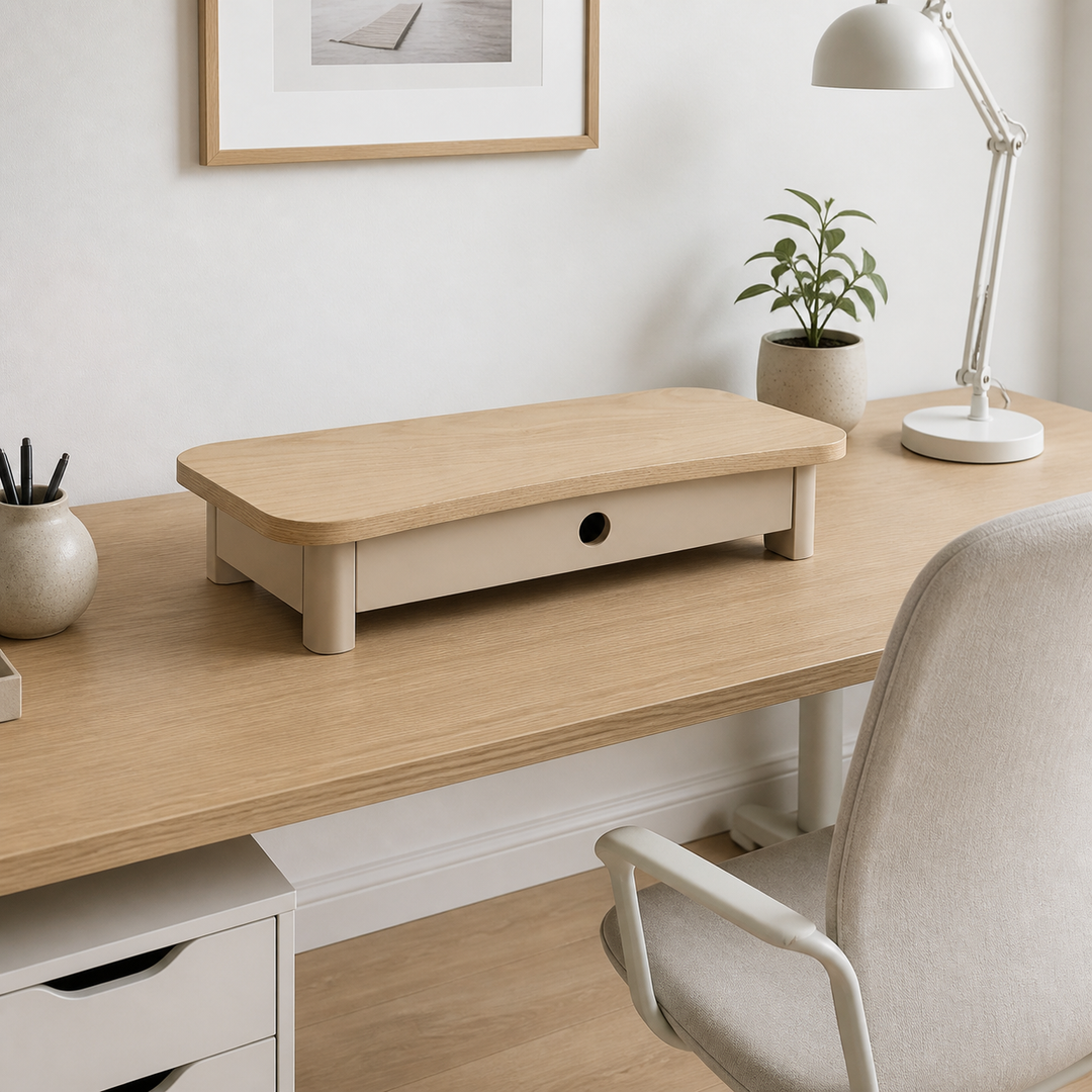 JUBI 60cm monitorskærmstativ med skuffe Ash Brown Beige – anden naturlig anvendelse eller vinkel
