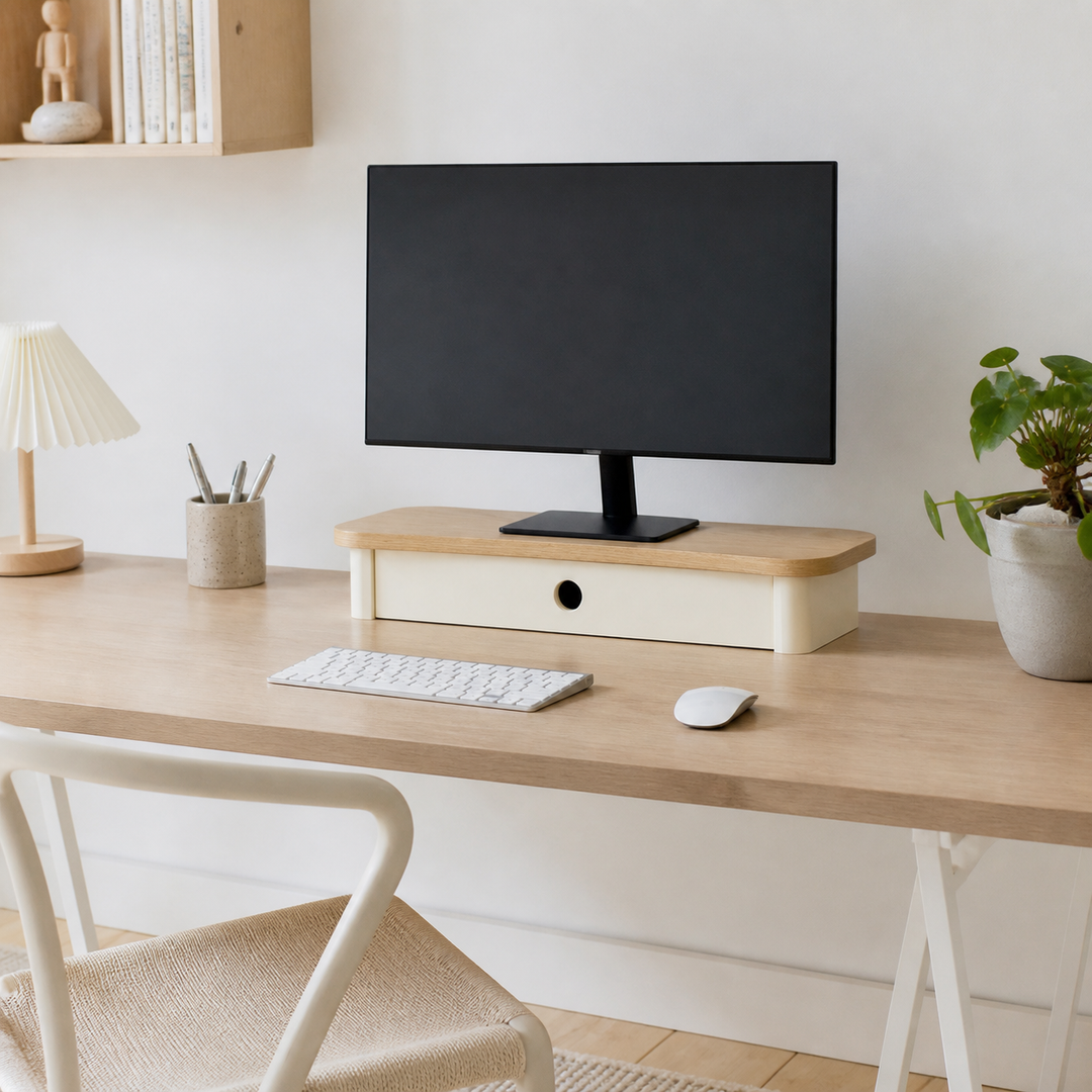 JUBI 60cm monitorskærmstativ med skuffe Ash Chalk White – hero i naturlig brug