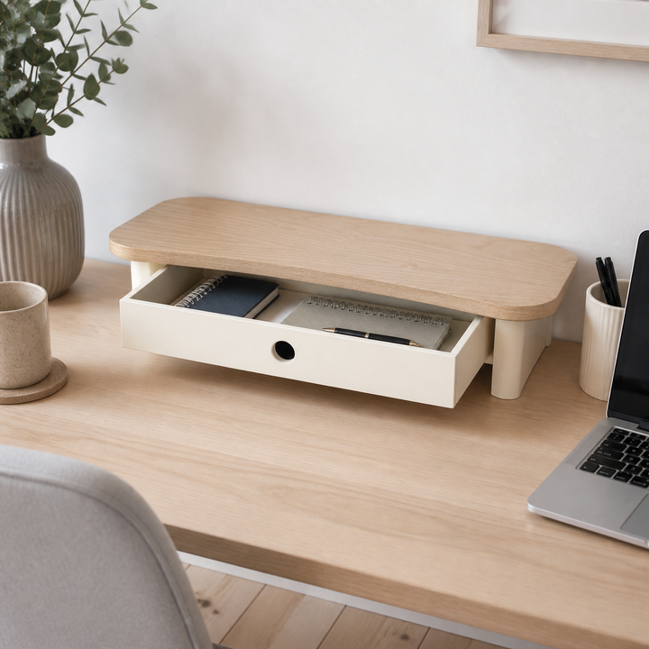 JUBI 60cm monitorskærmstativ med skuffe Ash Chalk White – vigtigste funktion