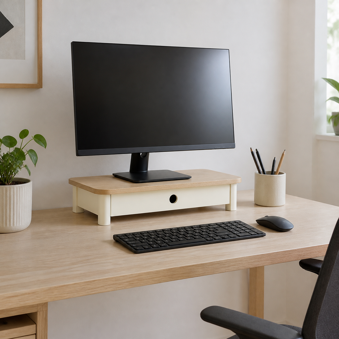 JUBI 60cm monitorskærmstativ med skuffe Ash Chalk White – hele produktet samlet og ryddeligt