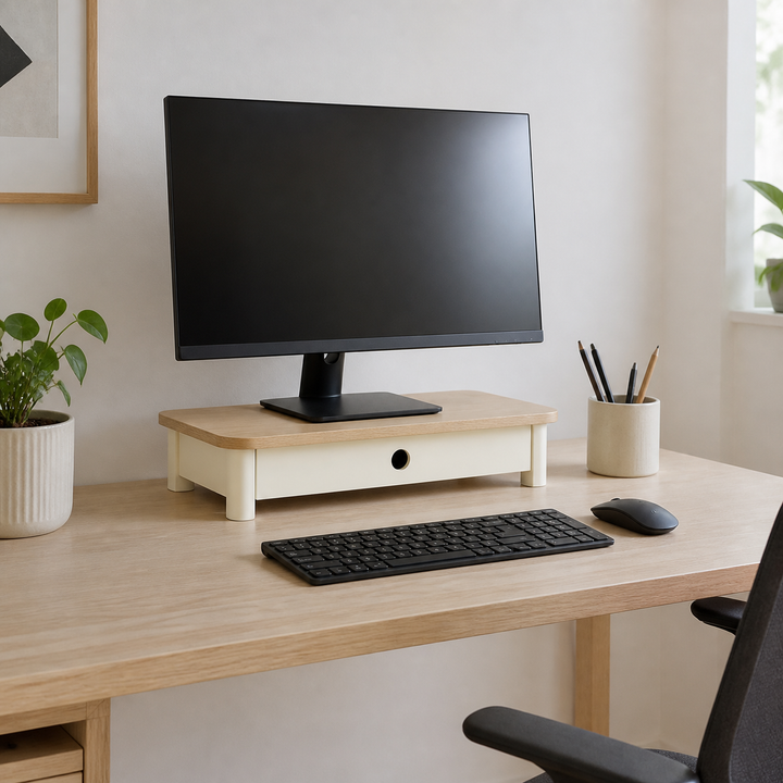 JUBI 60cm monitorskærmstativ med skuffe Ash Chalk White – hele produktet samlet og ryddeligt