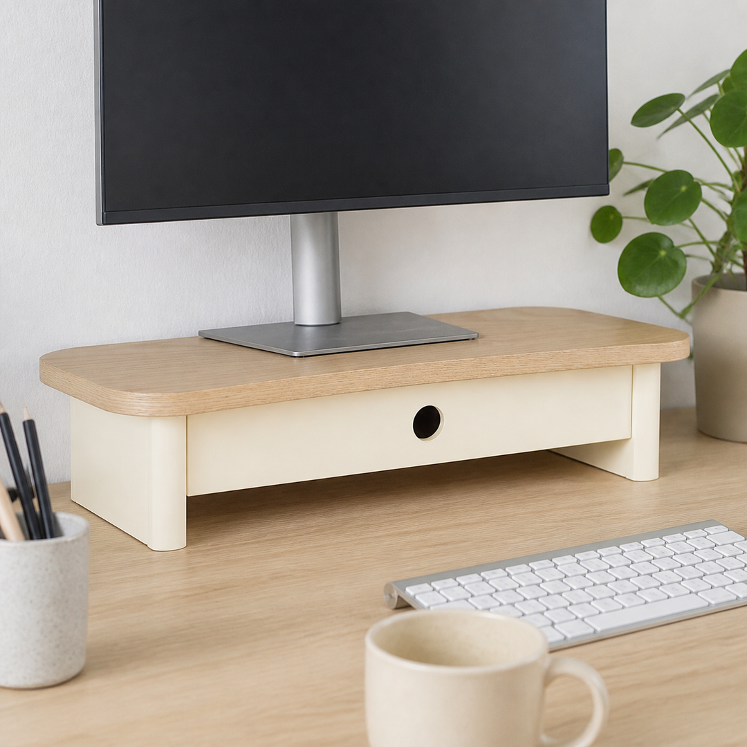 JUBI 60cm monitorskærmstativ med skuffe Ash Chalk White – materiale- eller konstruktionsdetalje