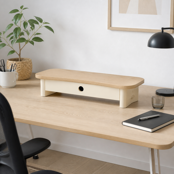 JUBI 60cm monitorskærmstativ med skuffe Ash Chalk White – anden naturlig anvendelse eller vinkel