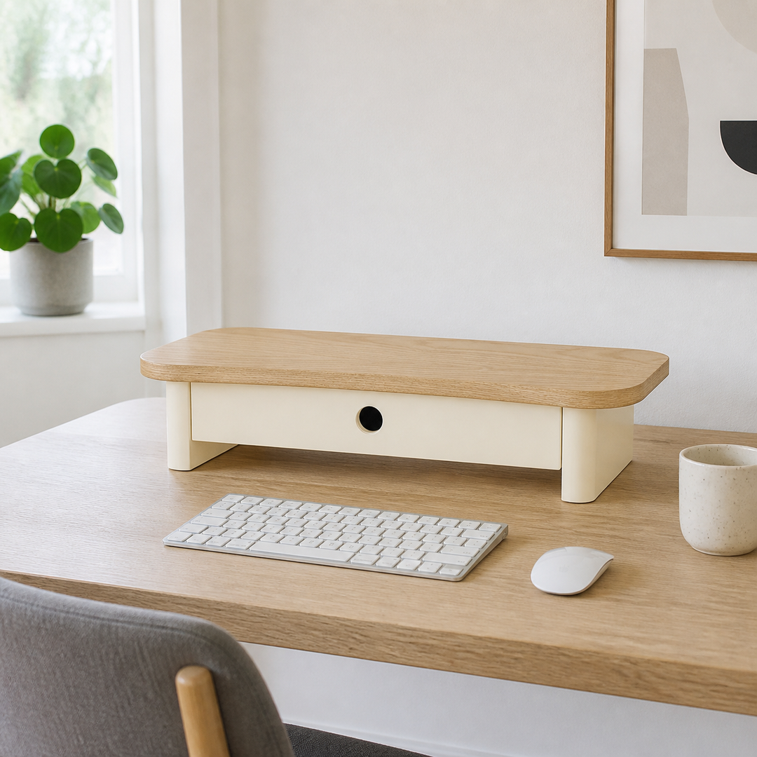 JUBI 60cm monitorskærmstativ med skuffe Ash Chalk White – supplerende neutral dagslysscene