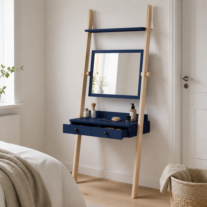 LENO sminkebord 79x183cm - Asketræ / Marineblå – vigtigste funktion