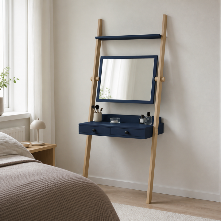 LENO sminkebord 79x183cm - Asketræ / Marineblå – hele produktet samlet og ryddeligt