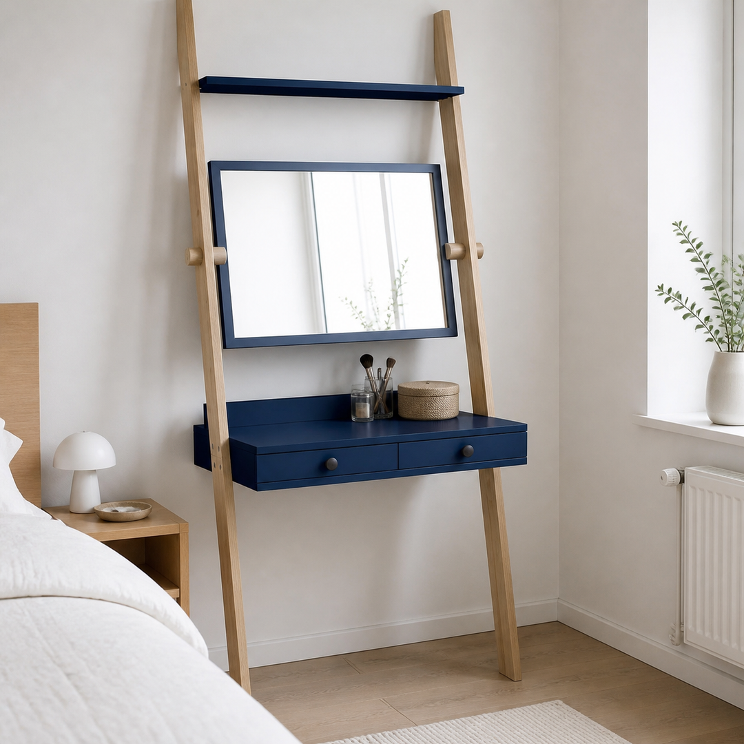 LENO sminkebord 79x183cm - Asketræ / Marineblå – materiale- eller konstruktionsdetalje