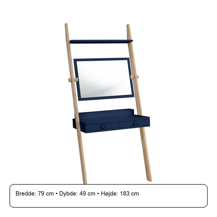 LENO sminkebord 79x183cm - Asketræ / Marineblå – måldiagram eller verificeret produktkort