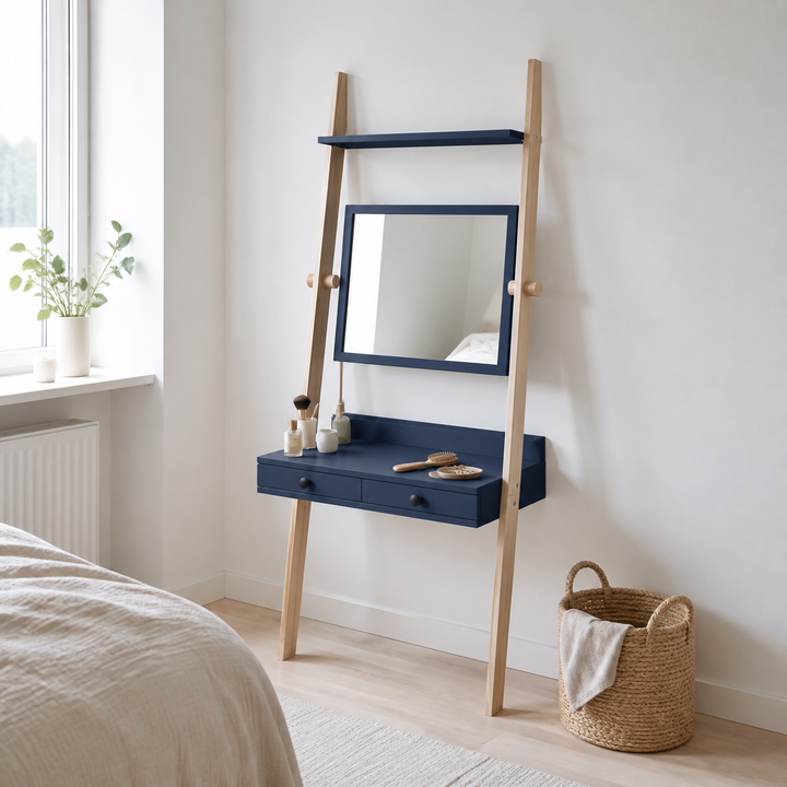 LENO sminkebord 79x183cm - Asketræ / Marineblå – supplerende neutral dagslysscene