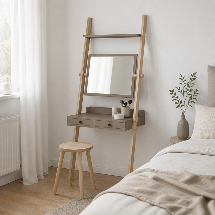 LENO sminkebord 79x183cm Asketræ Brun – hele produktet samlet og ryddeligt