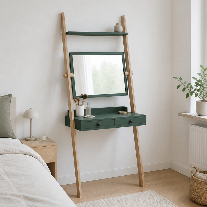 LENO Sminkebord 79x183cm Asketræ Sea Green – hele produktet samlet og ryddeligt